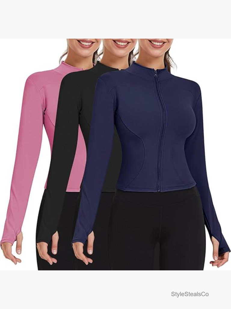 3 Pack Women's Workout Jacket Slim Fit Cropped Zip Up Athletic Top With Thumb
